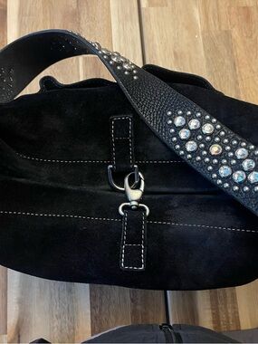 Tylie Malibu Black Suede Shoulder Bag with leather Embellished Strap